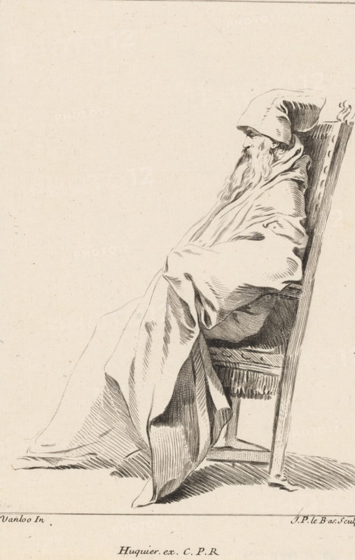 Seated figure, to the left, Collection of various dramatized poses, Recueil de Differentes charges Designée a Rome by Carloo Vanloo Peintre du Roy, print, Series number, 6, 12, Man with long beard, headdress and long robe, sitting in a chair, to the left. Numbered top right: 6. Part of a series of twelve prints with figures in dramatized poses, often dressed in 'Oriental' fantasy costumes, after drawings by Carle van Loo, made during his stay in Rome (1728-1732)., printmaker: Jacques-Philippe Le Bas, Paris, after drawing by Carle van Loo, Rome, publisher: Jacques Gabriel Huquier, grantor of privilege: French crown, 1732 - 1740, provider of privilege, paper, etching, height 235 mm x width 165 mm, actor (on the stage), passions, emotions, affections, characters (human types), Asiatic races and peoples (costume), A seated figure wearing a large hood and long flowing robes sits in profile on a high-backed chair, the figure's face partially visible beneath the hood and framed by a long bear...