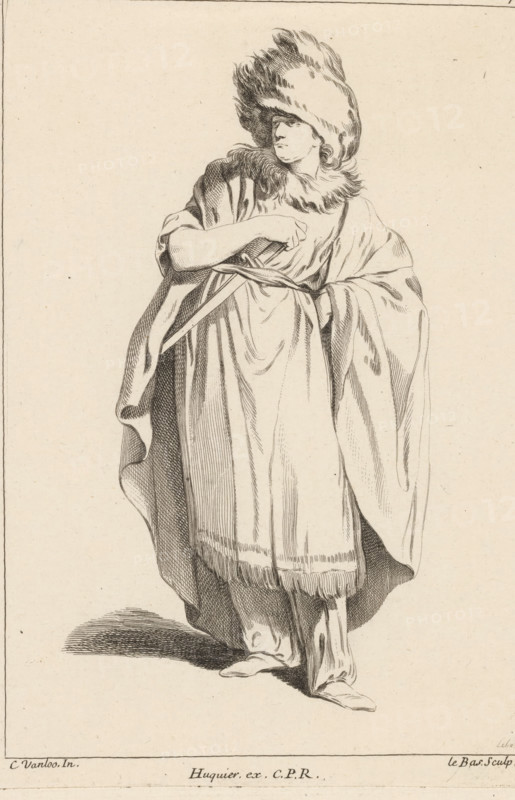 Standing figure with hand on sword, Collection of various dramatized poses, Recueil de Differentes charges Dessignée a Rome par Carloo Vanloo Peintre du Roy, print, Series number, 7, 12, Standing man with fur hat and fur collar, long cloak over a fringed robe, the right hand on a sword tucked under the belt. Gaze to the left. Numbered top right: 7. Part of a series of twelve prints with figures in dramatized poses, often dressed in 'Oriental' fantasy costumes, after drawings by Carle van Loo, made during his stay in Rome (1728-1732)., printmaker: Jacques-Philippe Le Bas, Paris, after drawing by Carle van Loo, Rome, publisher: Jacques Gabriel Huquier, grantor of privilege: French crown, 1732 - 1740, provider of privilege, paper, etching, height 235 mm x width 165 mm, actor (on the stage), head-gear (with NAME), passions, emotions, affections, characters (human types), Asiatic races and peoples (costume), A monochrome line drawing of a standing figure wearing a long flowing robe and a la...