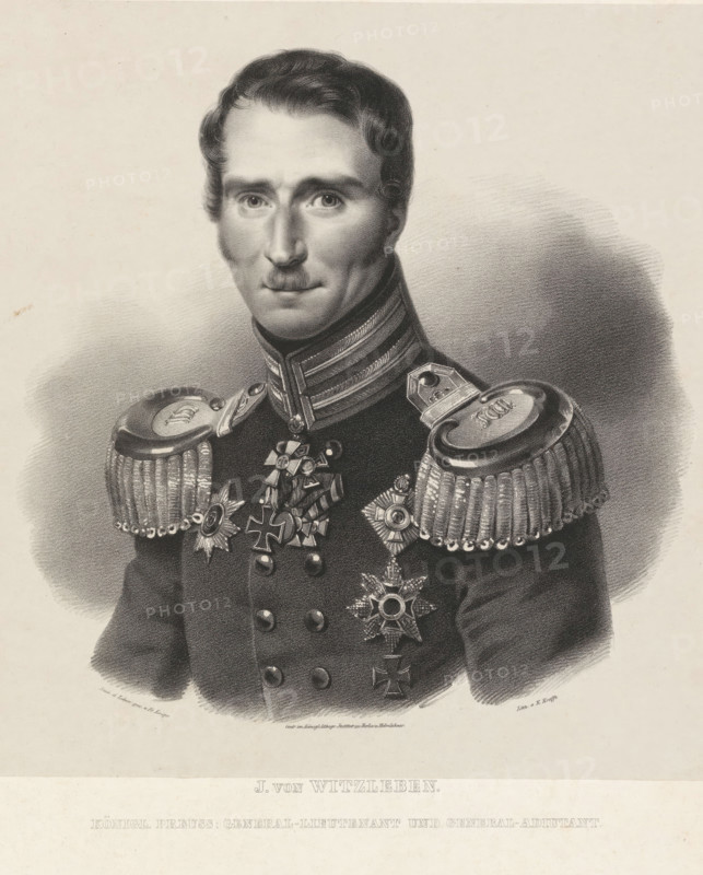 Portrait of Job von Witzleben, J. von Witzleben, print, printmaker: Emil Krafft, after drawing by Franz Krüger, printer (person): Königliches Lithographisches Institut, Berlin, publisher: Carl Gottfried Lüderitz, 1821 - 1837, printer (person), paper, lithography, height 586 mm x width 452 mm, Person, Job von Witzleben, historical persons, commander-in-chief, general, marshal, mustache, A grayscale portrait of a man shown from the chest up wearing a high-collared military uniform with ornate epaulettes and multiple decorative medals and crosses on his chest, his face is rendered with detailed shading showing short wavy hair, a narrow mustache, and a focused forward gaze, the background is softly shaded and the image has a wide light border around the central figure.