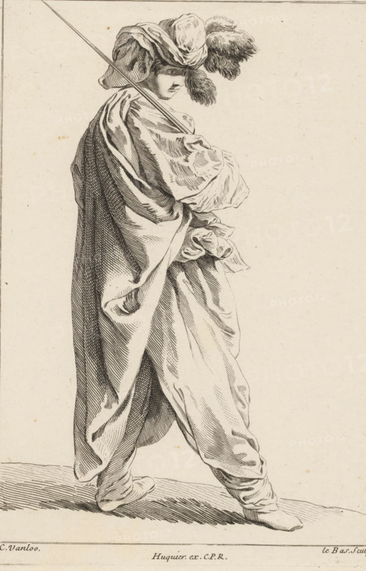 Standing figure with sword, Collection of various dramatized poses, Recueil de Differentes charges Dessignée a Rome par Carloo Vanloo Peintre du Roy, print, Series number, 12, Standing man with feathered turban, sword over the shoulder, turned to the right. Numbered top right: 12. Part of a series of twelve prints with figures in dramatized poses, often dressed in 'Oriental' fantasy costumes, after drawings by Carle van Loo, made during his stay in Rome (1728-1732)., printmaker: Jacques-Philippe Le Bas, Paris, after drawing by Carle van Loo, Rome, publisher: Jacques Gabriel Huquier, grantor of privilege: French crown, 1732 - 1740, provider of privilege, paper, etching, height 235 mm x width 165 mm, head-gear: turban, actor (on the stage), passions, emotions, affections, characters (human types), Asiatic races and peoples (costume), A tall figure shown from head to toe wears flowing, draped garments with pronounced folds and shading, a wide-brimmed hat adorned with large, fluffy plumes ...