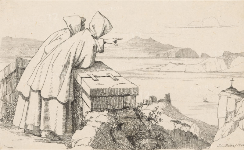 Two monks looking over the Gulf of Naples, print, Two monks looking over the Gulf of Naples towards the bend of Bajae, Capo Miseno and Ischia., number, inscription, printmaker: Heinrich Karl Anton Mücke, Germany, 1840, paper, etching, height 101 mm x width 160 mm, Two hooded figures in long cloaks lean over a stone parapet, one pointing outward toward a seascape. The cloaks have visible folds and shading lines, and the figures stand on a stone surface with part of a masonry wall beside them. Beyond them a calm sea stretches to distant, low-lined islands and rocky outcrops, with a small sailing boat on the water and a few birds in flight. In the foreground rocky terrain, tufts of vegetation, and stacked stones appear near the edge of the cliff, and a cross stands atop a distant rocky promontory. The scene is rendered in fine pen lines on a light background.