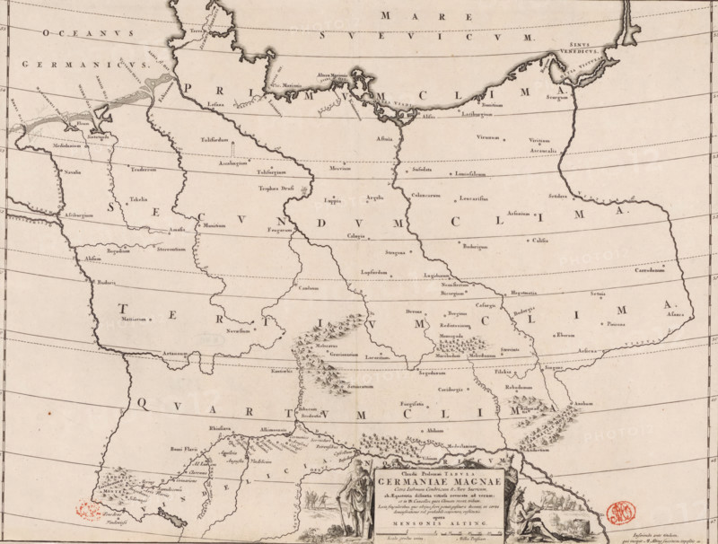 Historical map of Germany, Claudii Ptolemaei tabula Germaniae Magnae, print, map, history print, Map of areas in Germany in Roman times. Bottom right cartouche with title, surrounded by Germanic warriors (possibly including a Batavian and a Frisian). Scale stick in cartouche: Scala gradus unius and Millia passum. The map features a coordinate grid and a degree scale along the left and right edges., printmaker: Jan Luyken, Amsterdam, writer (clerical worker): Menso Alting, 1697 - 1700, 1725, writer (clerical worker), paper, engraving, etching, height 317 mm x width 420 mm, Part of 16 maps of the land of the Batavians and the Frisians first produced for and included in Alting, Menso. Descriptio, secundum antiquos, agri Batavi & Frisii. 2 volumes. Amsterdam: Henricus Wetstein, 1697-1700. Reused in Halma, François. Tooneel der Vereenigde Nederlanden, en onderhorige landschaps, 2 volumes. Leeuwarden: Hendrik Halma, 1725. This map was used in Halma's Tooneel der Vereenigde Nederlanden (1725)...