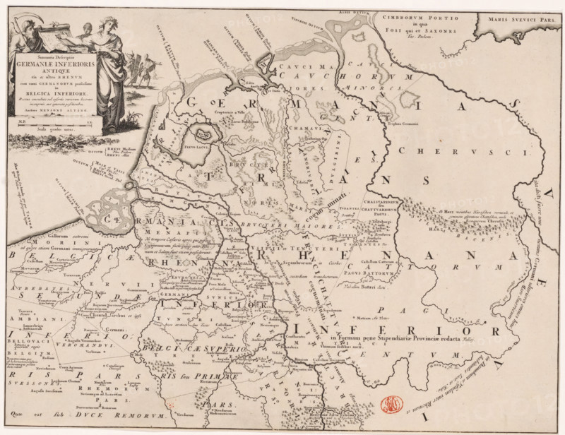 Historical map of the Netherlands with the territories of the Batavians and Frisians, Summaria descriptio Germaniae Inferioris antiquae, print, map, historical print, Map of territories in the Netherlands and surrounding countries in the Roman period. Top left cartouche with title, various figures depicted around the cartouche, including a personification of time, in the background two Germanic warriors (possibly a Batavian and a Frisian). Scale bar under cartouche: Scala gradus unius., printmaker: Jan Luyken, Amsterdam, writer (clerical worker): Menso Alting, 1697 - 1700, 1725, writer (clerical worker), paper, engraving, etching, height 317 mm x width 420 mm, Part of 16 maps of the land of the Batavians and the Frisians first produced for and included in Alting, Menso. Descriptio, secundum antiquos, agri Batavi & Frisii. 2 volumes. Amsterdam: Henricus Wetstein, 1697-1700. Reused in Halma, François. Tooneel der Vereenigde Nederlanden, en onderhorige landschaps, 2 volumes. Leeuwarden: H...