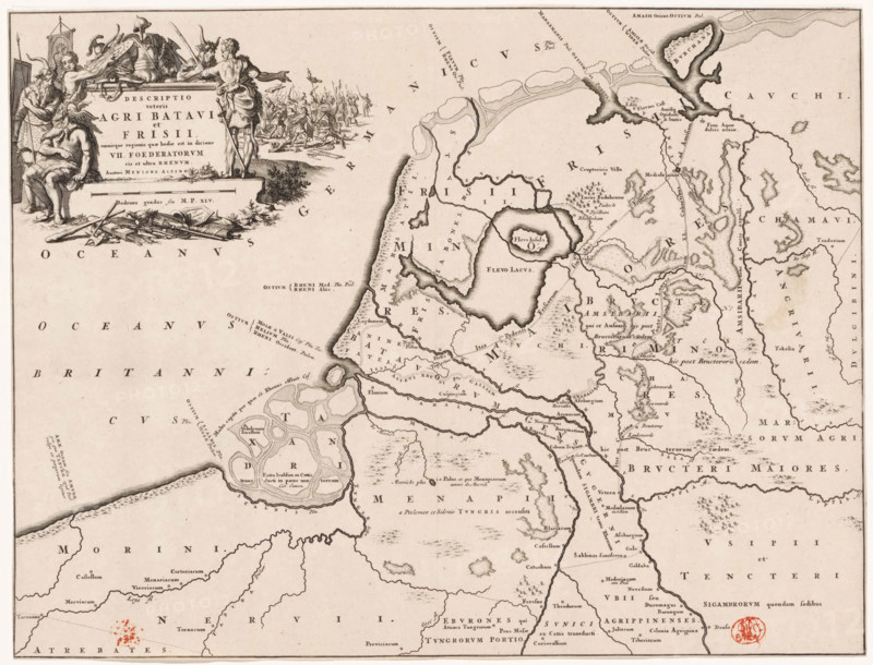 Descriptio veteris agri Batavi et Frisii, Historical map of the Netherlands with the territories of the Batavians and Frisians, print, map, historical print, Top left cartouche with title, surrounded by depicted weapons and Germanic warriors (possibly Batavians and Frisians), in the background a battle scene. Scale bar below cartouche: Dodrans gradus seu MP XLV., printmaker: Jan Luyken, Netherlands, writer (clerical worker): Menso Alting, 1697 - 1700, 1725, writer (clerical worker), paper, engraving, etching, height 319 mm x width 420 mm, Part of 16 maps of the land of the Batavians and Frisians first produced for and included in Alting, Menso. Descriptio, secundum antiquos, agri Batavi & Frisii. 2 volumes. Amsterdam: Henricus Wetstein, 1697-1700. Reused in Halma, François. Tooneel der Vereenigde Nederlanden, en onderhorige landschaps, 2 volumes. Leeuwarden: Hendrik Halma, 1725. This map was used in Halma's Tooneel der Vereenigde Nederlanden (1725) and is likely to be found in volume 1...