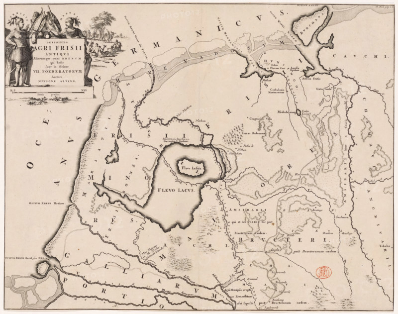 Descriptio agri Frisii Antiqui, Historical map of the Netherlands with the territories of the Batavians and Frisians, print, map, historical print, Map of the Frisian territories in the Roman period. Top left cartouche with title, surrounded by coats of arms and Frisian tribal leaders Verritus and Malorix depicted, warriors in the background. Scale bar below cartouche: Semis gradus., printmaker: Jan Luyken, Netherlands, writer (clerical worker): Menso Alting, 1697 - 1700, 1725, writer (clerical worker), paper, engraving, etching, height 329 mm x width 420 mm, Part of 16 maps of the land of the Batavians and the Frisians first produced for and included in Alting, Menso. Descriptio, secundum antiquos, agri Batavi & Frisii. 2 volumes. Amsterdam: Henricus Wetstein, 1697-1700. Reused in Halma, François. Tooneel der Vereenigde Nederlanden, en onderhorige landschaps, 2 volumes. Leeuwarden: Hendrik Halma, 1725. This map was used in Halma's Tooneel der Vereenigde Nederlanden (1725) and, accordi...