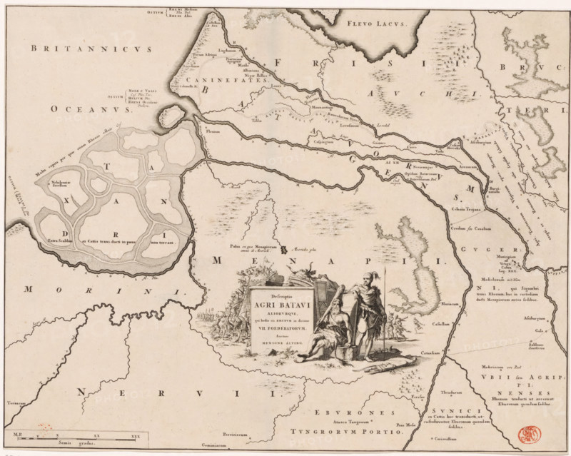 Historical map of the Netherlands with the territories of the Batavians and Frisians, Descriptio agri Batavi, print, map, historical print, Map of the Batavian territories in the Roman period. In the center a cartouche with title, next to it two Germanic warriors depicted (possibly a Batavian and a Frisian), in the background a battle scene. Lower left scale bar: Semis gradus., printmaker: Jan Luyken, Netherlands, writer (clerical worker): Menso Alting, 1697 - 1700, 1725, writer (clerical worker), paper, engraving, etching, etching and engraving, height 331 mm x width 420 mm, Part of 16 maps of the land of the Batavians and the Frisians first produced for and included in Alting, Menso. Descriptio, secundum antiquos, agri Batavi & Frisii. 2 volumes. Amsterdam: Henricus Wetstein, 1697-1700. Reused in Halma, François. Tooneel der Vereenigde Nederlanden, en onderhorige landschaps, 2 volumes. Leeuwarden: Hendrik Halma, 1725. This map was used in Halma's Tooneel der Vereenigde Nederlanden (1...