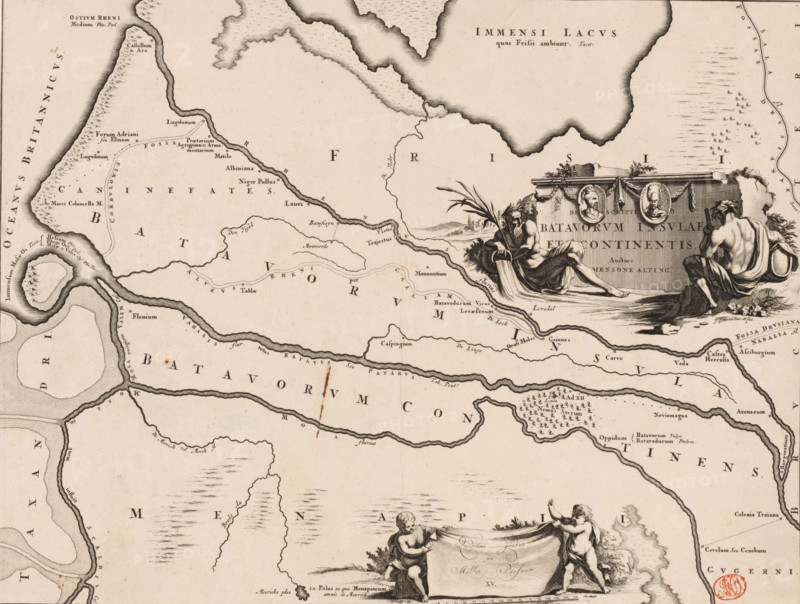 Descriptio Batavorum insulae et continentis, Historical map of the Netherlands with the areas of the Batavians and Frisians, print, map, history print, Map of Batavian and Frisian areas in Roman times. Right cartouche with two river gods, title and portraits of Cananefate leader Brinio and Batavian leader Claudius Civilis. At the bottom of the scale bar with two putti: Quadrans gradus seu millia passum XV., printmaker: Jan Goeree, Netherlands, writer (clerical worker): Menso Alting, 1697 - 1700, 1725, writer (clerical worker), paper, engraving, etching, height 317 mm x width 420 mm, Part of 16 maps of the land of the Batavians and the Frisians first produced for and included in Alting, Menso. Descriptio, secundum antiquos, agri Batavi & Frisii. 2 volumes. Amsterdam: Henricus Wetstein, 1697-1700. Reused in Halma, François. Tooneel der Vereenigde Nederlanden, en onderhorige landschaps, 2 volumes. Leeuwarden: Hendrik Halma, 1725. This map was used in Halma's Tooneel der Vereenigde Nederla...