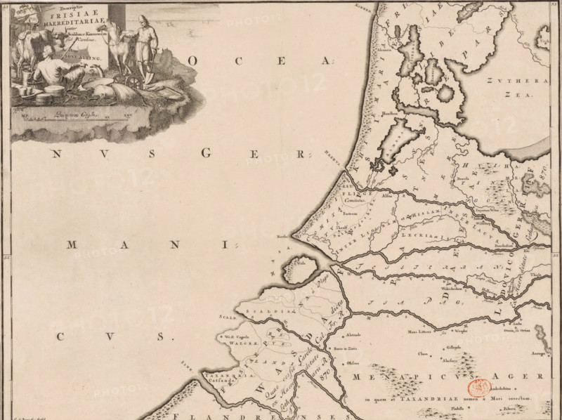 Descriptio Frisiae haereditariae inter Scaldim et Kinnemum sub Carolinis, Historical map of the Netherlands with the territories of the Batavians and Frisians, print, map, historical print, Map of the Frisian territories in the western Netherlands in the Roman period. Top left cartouche with title, surrounded by farmers, cattle, agricultural tools, and sheaves of corn. Scale bar below cartouche: Quincunx gradus. Degree division along left and right edges., printmaker: Gerrit de Broen (I), Amsterdam, printmaker: Joseph Mulder, 1697 - 1700, 1725, paper, engraving, etching, etching and gravure, height 317 mm x width 420 mm, Part of 16 maps of the land of the Batavians and the Frisians first produced for and included in Alting, Menso. Descriptio, secundum antiquos, agri Batavi & Frisii. 2 volumes. Amsterdam: Henricus Wetstein, 1697-1700. Reused in Halma, François. Tooneel der Vereenigde Nederlanden, en onderhorige landschaps, 2 volumes. Leeuwarden: Hendrik Halma, 1725. This map was used in...