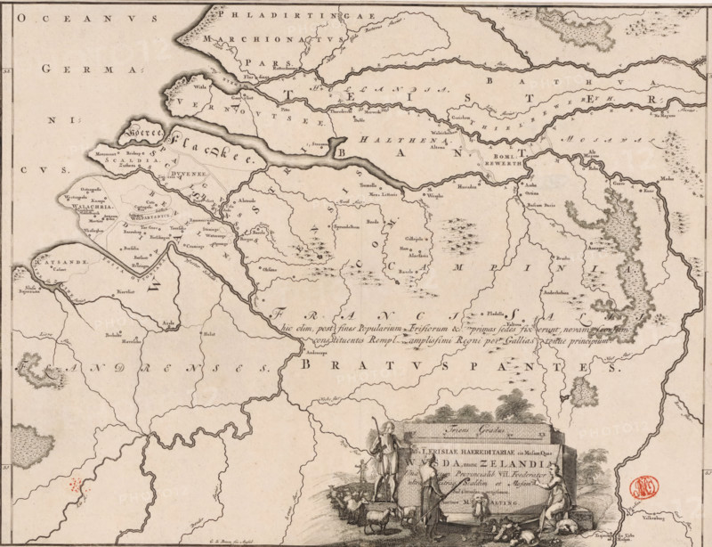 Historical map of the Netherlands with the territories of the Batavians and Frisians, Pars I Frisiae haereditariae cis Mosam quae Wasda, nunc Zelandia, print, map, historieprent, Map of the Frisian territories in the southern Netherlands in Roman times. Lower right cartouche with title, surrounded by images of shepherds with a flock of sheep. Scale bar above cartouche: Triens gradus. Degree division along left and right edges., printmaker: Gerrit de Broen (I), Amsterdam, printmaker: Joseph Mulder, writer (clerical worker): Menso Alting, 1697 - 1700, 1725, writer (clerical worker), paper, engraving, etching, height 324 mm x width 420 mm, Part of 16 maps of the land of the Batavians and the Frisians first produced for and included in Alting, Menso. Descriptio, secundum antiquos, agri Batavi & Frisii. 2 volumes. Amsterdam: Henricus Wetstein, 1697-1700. Reused in Halma, François. Tooneel der Vereenigde Nederlanden, en onderhorige landschaps, 2 volumes. Leeuwarden: Hendrik Halma, 1725. This...