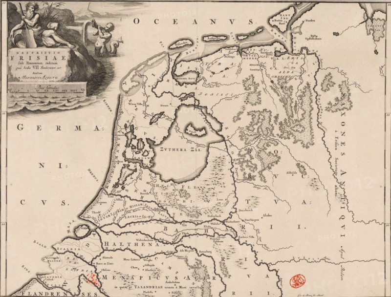 Historical map of the Netherlands with the territories of the Batavians and Frisians, Descriptio Frisiae sub Francorum reditum, print, map, historical print, Map of the Netherlands and Germany in Roman times with the area where the Frisians lived. In the upper left, a cartouche with title, a river god, and a triton. Scale bar below cartouche: Bes gradus. Degree division along left and right edges., printmaker: Gerrit de Broen (I), Amsterdam, writer (clerical worker): Menso Alting, 1697 - 1700, 1725, writer (clerical worker), paper, engraving, etching, height 317 mm x width 417 mm, Part of 16 maps of the land of the Batavians and the Frisians first produced for and included in Alting, Menso. Descriptio, secundum antiquos, agri Batavi & Frisii. 2 volumes. Amsterdam: Henricus Wetstein, 1697-1700. Reused in Halma, François. Tooneel der Vereenigde Nederlanden, en onderhorige landschaps, 2 volumes. Leeuwarden: Hendrik Halma, 1725. This map was used in Halma's Tooneel der Vereenigde Nederland...