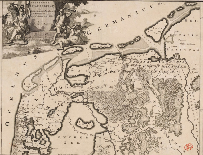 Historical map of the Netherlands with the territories of the Batavians and Frisians, Descriptio Frisiae liberae inter Kinnemum et Amisian, print, map, historical print, Map of the Frisian territories in the present-day Netherlands and Germany in Roman times. Top left cartouche with title, surrounding the cartouche a man with a sword, the Dutch Maiden with a lance on which the Phrygian cap hangs, and Hercules defeating a blindfolded man. Scale bar below cartouche: Quincunx gradus. Degree division along left and right edges., printmaker: Gerrit de Broen (I), Amsterdam, writer (clerical worker): Menso Alting, 1697 - 1700, 1725, writer (clerical worker), paper, engraving, etching, height 317 mm x width 419 mm, Part of 16 maps of the land of the Batavians and the Frisians first produced for and included in Alting, Menso. Descriptio, secundum antiquos, agri Batavi & Frisii. 2 volumes. Amsterdam: Henricus Wetstein, 1697-1700. Reused in Halma, François. Tooneel der Vereenigde Nederlanden, en ...
