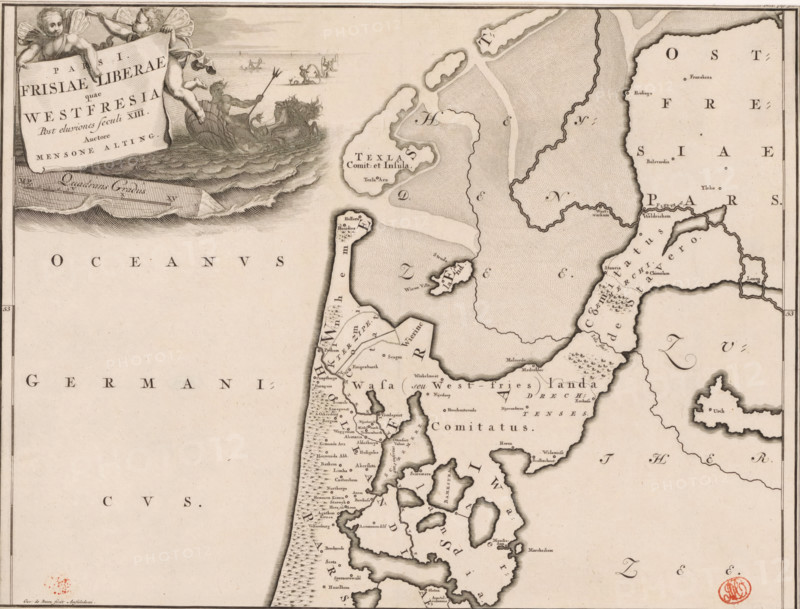 Pars I Frisiae Liberae quae Westfresia, Historical map of the Netherlands with the territories of the Batavians and Frisians, print, map, historical print, Map of Frisian territories in West Frisia in the Roman period. Top left cartouche with title, above it two putti. To the right of the cartouche in the background Neptune and a number of tritons. Scale bar below cartouche: Quadrans gradus. Degree division along left and right edges., printmaker: Gerrit de Broen (I), Amsterdam, printmaker: Joseph Mulder, Netherlands, writer (clerical worker): Menso Alting, 1697 - 1700, 1725, writer (clerical worker), paper, engraving, etching, height 317 mm x width 420 mm, Part of 16 maps of the land of the Batavians and the Frisians first produced for and included in Alting, Menso. Descriptio, secundum antiquos, agri Batavi & Frisii. 2 volumes. Amsterdam: Henricus Wetstein, 1697-1700. Reused in Halma, François. Tooneel der Vereenigde Nederlanden, en onderhorige landschaps, 2 volumes. Leeuwarden: Hend...