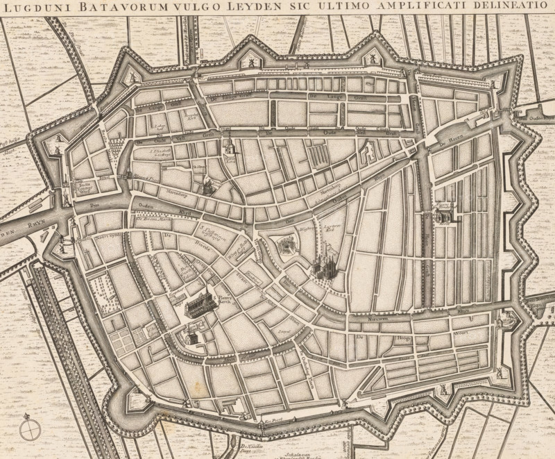 Lugduni Batavorum vulgo Leyden sic ultimo amplificati delineatio, Map of Leiden, area plan, print, Map in bird's-eye view perspective. Title along the top, numbered 8 in the upper right. A scale bar at the bottom center: Scale of 50 Rhineland rods., printmaker: R. Benning, 1650 - 1750, R. Benning, printmaker, paper, etching, height 311 mm x width 375 mm, maps of cities, Leiden, An aged, detailed map showing a fortified walled town with angular bastions and ramparts surrounded by waterways and agricultural plots, a network of narrow streets and canals forming a dense grid, numerous small rectangular parcels and open squares, several distinct church buildings with steeples, clusters of closely drawn houses, bridges crossing canals, rows of trees along some streets and ramparts, decorative compass rose in a corner, and extensive fine line hatching and stippling used to indicate water, vegetation, and built areas.