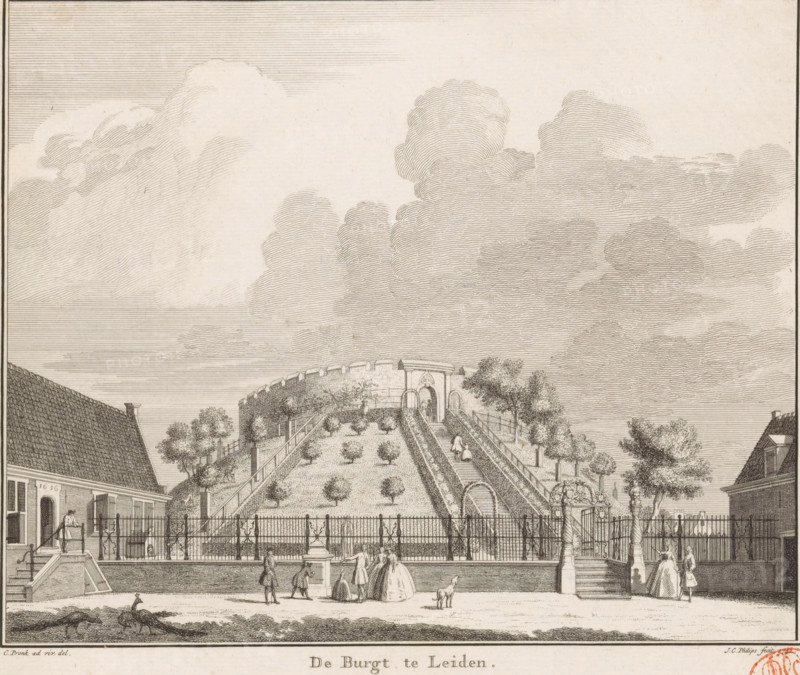 The castle at Leiden, View of the castle of Leiden, print, book illustration, with several figures and peacocks in the foreground., printmaker: Jan Caspar Philips, Amsterdam, after drawing by Cornelis Pronk, publisher: Isaak Tirion, 1742, paper, etching, height 169 mm x width 199 mm, Print also used in: Wagenaar, Jan. Present State of the United Netherlands, fourth part. Containing a beginning of the description of Holland. Decorated with a new map, accurate plans of cities and print illustrations, Contemporary history, or present state of all peoples, between pp. 532 and 533., fortress, Leiden, Burcht van Leiden, A detailed engraved scene shows a raised circular fortification with a sloped grassy interior planted with small trees and bordered by terraces and stairways leading to an arched gateway at the top; ornate iron railings and gates run across the foreground, with figures walking and standing along the paved area in front, some dressed in long garments and others in coats, and a...