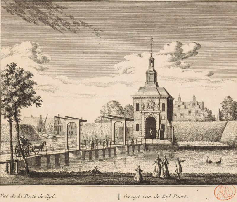 View of the Zijlpoort in Leiden, Gezigt van de Zyl Poort, Vuë de la Porte de Zyl, print, book illustration, with the Zijlpoortsbrug in front of it., printmaker: Abraham Rademaker, publisher: Leonard Schenk (possibly), Amsterdam, in or after 1732, paper, etching, height 169 mm, width 199 mm, Print also used in: Rademaker, Abraham. Rhynlands fijnste gezichten, toonde alle deszelfs lustplaatszen, heeren-huizen en dorpen. From halfway between Haarlem and Leyden (…), Les plus agréables vuës de Rhynland, representative toutes les maisons de plaisance, 1732., city-gate, bridge, Leiden, Zijlpoort (Leiden), An etching in sepia tones shows a riverside scene with a bridge leading to a stone gatehouse topped by a cupola and spire, decorative crest above the arched entrance, and small figures standing at the doorway and on the bridge; boats and simple buildings line the far bank, a cart drawn by a horse is on the left side of the bridge near trees, people in period dress stand and walk beside the w...