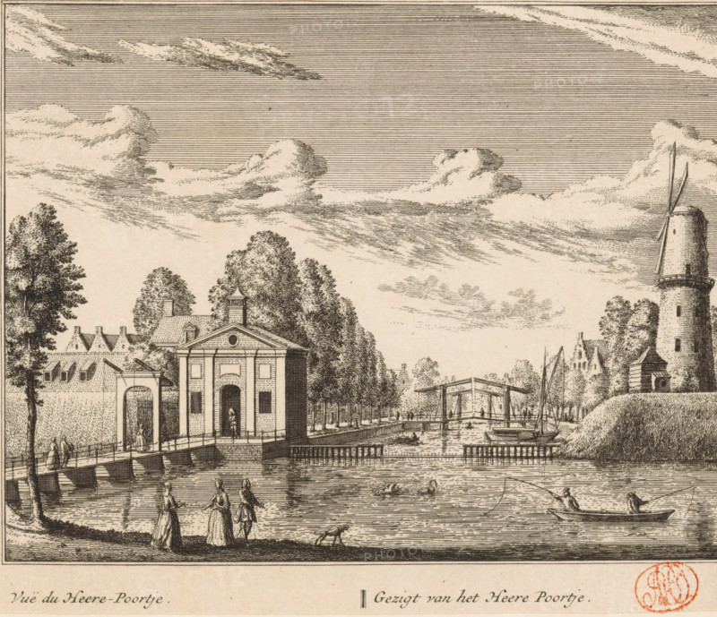 View of the Heere Poortje, Vuë du Heere-Poortje, View of the Herenpoort in Leiden, print, book illustration, with the accompanying bridge on the left and a mill on the right., printmaker: Abraham Rademaker, publisher: Leonard Schenk (possibly), Amsterdam, in or after 1732, paper, etching, height 164 mm, width 199 mm, Print also used in: Rademaker, Abraham. Rhynlands fijnste gezichten, toonde alle deszelfs lustplaatszen, heeren-huizen en dorpen. From halfway between Haarlem and Leyden (…), Les plus agréables vuës de Rhynland, representative toutes les maisons de plaisance, 1732., windmill, city-gate, bridge, Leiden, Herenpoort, A detailed ink landscape shows a river with figures along the shore and on the water, a small boat with a person casting a line, and two people standing nearby with a dog. A riverside building with an arched entrance and columns fronts a canal, connected to a bridge leading to a tree-lined avenue. Further along the water, a drawbridge spans the canal with small b...