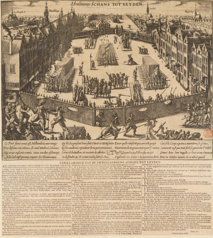d' Arminianze schans tot Leyden, Verklaringe van de arminiaensche schans tot Leyden, De arminiaanse schans te Leiden, 1618, print, Above a sheet with a depiction of the Arminian redoubt in Leiden. The redoubt was erected on October 5, 1617, in the Breestraat near the town hall to protect the Remonstrant-minded city council and mercenaries. The depiction shows the skirmishes taking place in the vicinity of the redoubt. In the plate, below the depiction, a French caption in four verses of four lines. Below the accompanying text sheet with a Dutch caption of three columns, with a description of the events up to October 20, 1618 when the redoubt was demolished and an explanation of the letters in the illustration., printmaker, publisher, Leiden, Northern Netherlands, paper, etching, engraving, letterpress printing, etching and engraving with text in letterpress, height 261 mm x width 344 cm x height 121 mm x width 342 mm, height 383 mm x width 344 mm, Remonstrants and Counter-Remonstrants,...