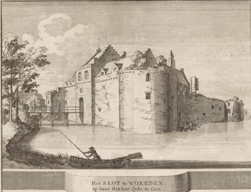 View of Woerden Castle, The castle at Woerden, visible on its left side, print, book illustration, View of the left side of Woerden Castle, also known as Woerden Castle. Marked lower right: H., printmaker: Jacobus Schijnvoet, Amsterdam, after drawing by Roelant Roghman (possibly), 1711 - 1774, paper, etching, engraving, height 138 mm x width 178 mm, Print also used in: Smids, Ludolf. Schatkamer der Nederlandse oudheden, of woordenboek, behelsende Nederlands steden en dorpen, kasteelen, sloten en heeren huysen (…). Amsterdam: Pieter de Coup, 1711, between p. 394 and 395. It is also possible that this print comes from the second (1737) or third (1774) edition, or from an edition containing only the prints: Nederlandsche oudheden, bestaan in zeskelijk verbeeldingen, gelegen in Holland, 't Sticht van Utrecht en Gelderland enz. Amsterdam: Hendrik Bosch, 1721., castle, Woerden, Slot Woerden, A monochrome etched scene showing a large fortified structure with tall, rounded outer walls and step...