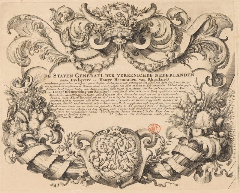 The High Council of Rhineland, Patent granted by the States General for a map of the Rhineland Water Board, print, patent, Ornamental cartouche with a text in which the States General grant a 25-year patent to the Dike Reeve and High Councillors of Rhineland for the production and publication of a map of the Rhineland Water Board. This cartouche was specially designed by Romeyn de Hooghe for the second edition of the map (1687, the first edition appeared in 1647)., printmaker: Romeyn de Hooghe, 1687, paper, etching, engraving, height 255 mm x width 318 mm, Person, States General, Rijnland Water Board, ornaments, art, A detailed engraved decorative border fills the top of the image with swirling acanthus-like scrollwork and leafy flourishes rendered in fine parallel lines and crosshatching, forming a central cartouche topped by a wreath and ribbon motifs; beneath the central decoration two garlands of stylized flowers drape downward toward opposing clusters of fruit and foliage that inc...
