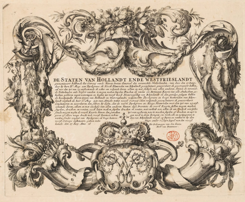 Patent granted by the States of Holland and West Friesland for a map of the Rijnland Water Board, 1687, T' Hoogheymraedschap van Rhynland, print, patent, Ornamental cartouche with a text in which the States of Holland and West Friesland, in accordance with the patent of the States General, grant a patent of 25 years to the dike warden and water board members of Rijnland for the production and publication of a map of the Rijnland Water Board. This cartouche was specially designed by Romeyn de Hooghe for the second edition of the map (1687, the first edition appeared in 1647)., printmaker: Romeyn de Hooghe, Romeyn de Hooghe, printmaker, paper, etching, engraving, height 255 mm x width 318 mm, Person, States General, Rijnland Water Board, States of Holland and West Friesland, ornaments, art, An ornate ink engraving fragment shows elaborate scrollwork and floral garlands across the top, with flowing acanthus leaves and clustered blooms; on either side hang draped animal carcasses and strin...