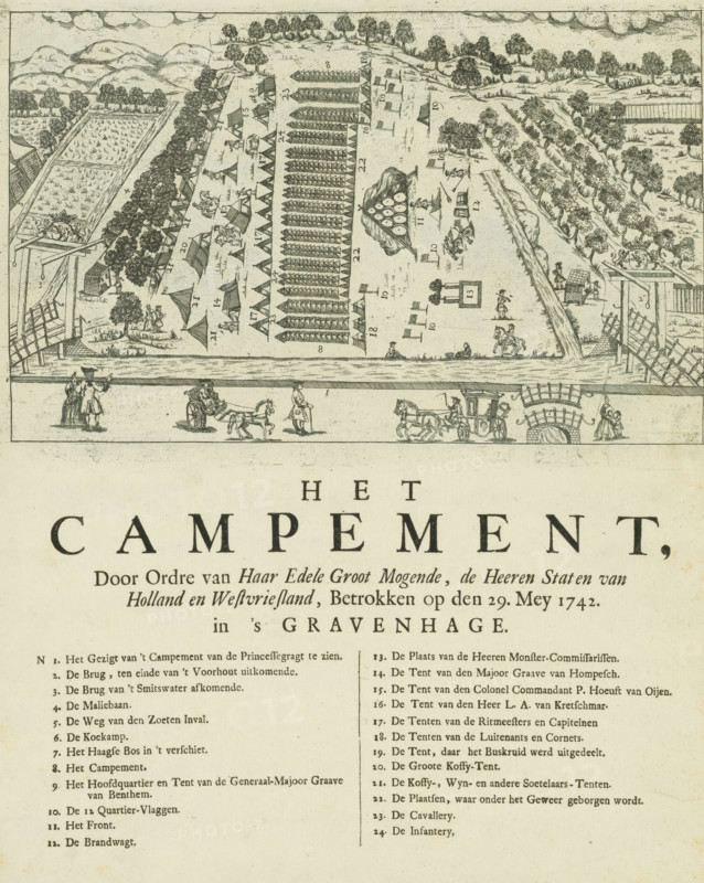 The Encampment, occupied by order of Her Noble and Mighty Lords, the States of Holland and West Friesland on May 29, 1742, in The Hague, Encampment near The Hague, print, View of the large military exercise the Encampment at The Hague, a military camp set up by order of the States of Holland and West Friesland in the Haagse Bos near The Hague, May 29, 1742. With view and perspective used interchangeably. On the sheet below the plate the legend 1-24., printmaker, Northern Netherlands, paper, etching, letterpress printing, etching with text in letterpress, height 207 mm x width 315 mm, height 403 mm x width 315 mm, (military) camp with tents, Camp in The Hague (1742), The Hague, Haagse Bos, Period, 1742-05-29, A detailed engraving shows a bird’s-eye view of a riverside scene with a rectangular encampment area filled with rows of tents and small triangular markers, surrounded by trees, pathways, and scattered individual tents and wagons, with groups of people and soldiers depicted walking...