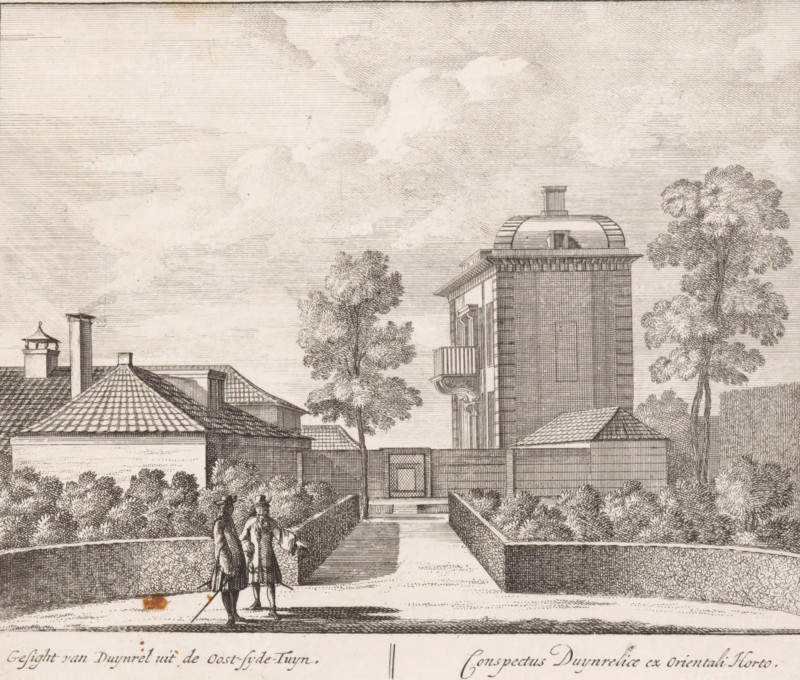View of the eastern part of the garden and the house of Duinrell country estate, Gesight van Duynrel uit de oost-syde-tuyn, Conspectus Duynreliae ex orientali horto, Views of the Duinrell country estate, print, Series number, 4, 16, View of the eastern part of the garden and the house of Duinrell country estate. Two figures in the garden. Numbered bottom right: 4. Print from a series of sixteen prints of Duinrell., printmaker, publisher, grantor of privilege, Amsterdam, paper, etching, engraving, height 172 mm x width 200 mm, country-house, French or architectonic garden, formal garden, Wassenaar, Huize Duinrell, A monochrome etching showing a formal garden and buildings with tiled roofs, a central pathway flanked by low box hedges leading toward a gated entrance, tall trees rising behind the hedges, and a multi-story tower-like building with a domed roof and a small balcony; two figures in period dress stand on the path in the foreground, one holding a cane, and detailed linear shadin...