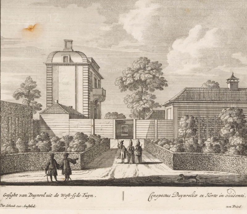 View of Duynrel from the west-syde-tuyn, Conspectus Duynreliae ex horto in occidenti, View of the western part of the garden and the house of country estate Duinrell, Views of the country estate Duinrell, print, Series number, 5, 16, View of the western part of the garden and the house of country estate Duinrell. In the garden, several figures and a dog. Numbered lower right: 5. Print from a series of sixteen prints of Duinrell., printmaker, publisher, grantor of privilege, Amsterdam, paper, etching, engraving, height 170 mm x width 201 mm, country-house, French or architectonic garden, formal garden, Wassenaar, Huize Duinrell, A detailed etching shows a formal garden path leading toward a gated entrance flanked by tall hedges and geometric plantings, with a large multi-story building featuring a domed roof and balcony visible beyond the gate and a lower tiled-roof pavilion to the right; several trees rise above the walls and clouds fill the sky, while groups of people in period dress ...