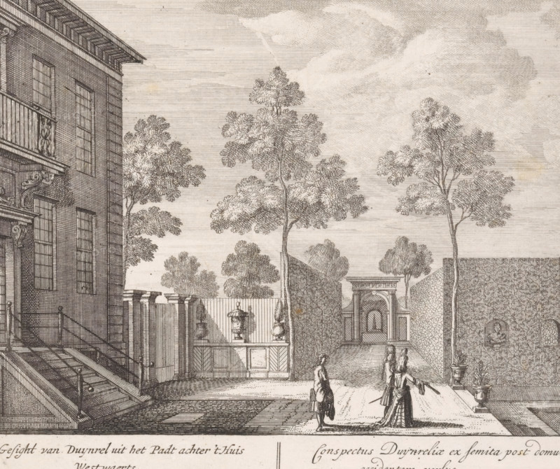 Path with figures at the rear of Duinrell country estate, View of Duinrell from the path behind the house westward, Conspectus Duynreliae ex femita post domum occidentem versus, Views of the Duinrell country estate, print, Series number, 7, 16, Path with three figures in the garden at the rear of the house of Duinrell country estate. The path runs towards the west. Numbered in the lower right: 7. Print from a series of sixteen prints of Duinrell., printmaker, publisher, grantor of privilege, Amsterdam, paper, etching, height 173 mm x width 204 mm, country-house, French or architectonic garden, formal garden, Wassenaar, Huize Duinrell, A detailed ink engraving shows a courtyard scene with a multi-story building on the left featuring tall windows, a balcony with decorative railing, and a staircase with a handrail leading down to the courtyard. Trees with textured foliage rise behind walls and fill the midground against a hatched sky. In the courtyard a paved path runs between low walls a...
