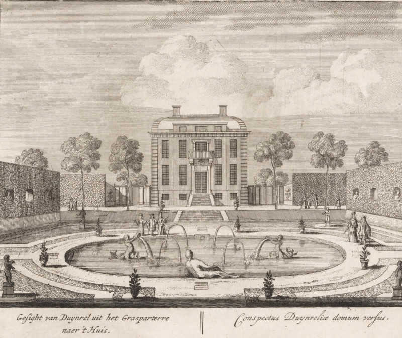 View of Duynrel from the grass parterre towards the house, Conspectus Duynreliae domum versus, View of the house of country estate Duinrell, seen from the garden, Views of country estate Duinrell, print, Series number, 8, 16, seen from the garden. In the foreground a pond with fountains. In the garden several figures. Numbered lower right: 8. Print from a series of sixteen prints of Duinrell., printmaker, publisher, grantor of privilege, Amsterdam, paper, etching, engraving, height 172 mm x width 202 mm, garden fountain, country-house, French or architectonic garden, formal garden, Wassenaar, Huize Duinrell, A symmetrical stone building with a central doorway reached by steps and a small balcony above the entrance stands at the center, flanked by tall narrow windows and topped by a low curved roof with two chimneys; in front of the building a formal garden features a large oval fountain basin with sculpted reclining figures and jets of water, a series of stepped terraces and pathways, ...