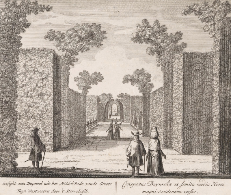 View of the star-shaped forest in the garden of Duinrell country estate, Gesight van Duynrel uit het midden-padt vande groote tuyn westwaerts door 't sterrebosch, Conspectus Duynreliae ex femita media horti magni occidentem versus, Views of the Duinrell country estate, print, Series number, 10, 16, viewed towards the west. In the center, the central path of the garden with several figures. Numbered in the lower right: 10. Print from a series of sixteen prints of Duinrell., printmaker, publisher, grantor of privilege, Amsterdam, paper, etching, engraving, height 172 mm x width 201 mm, French or architectonic garden, formal garden, Wassenaar, Huize Duinrell, A detailed etched scene shows a formal garden framed by tall, densely foliaged hedges and trees with carefully rendered leaves and textured trunks, forming a central avenue that leads to an arched opening and a distant fountain visible through the arch; in the foreground three figures stand on a paved terrace, two facing the garden w...