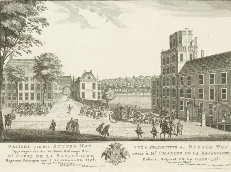 View of the Buitenhof in The Hague, View of the Buyten Hof, Vuë & perspective du Buyten Hof, Eighteen views in and around The Hague (Besoet, Scheurleer), print, seen in the direction of the Gevangenpoort. On the left the Vijverhof or Noyelleshuis with the Gevangenpoort to the right. In the middle the Hofvijver with the Lange Vijverberg behind it. On the right the Stadhouderlijk Kwartier. Below the image the title and dedication in Dutch and French, with the family coat of arms of The Hague alderman Carel de la Bassecour in the center. Print from a series of eighteen views in and around The Hague., printmaker: attributed to Iven Besoet, The Hague, publisher: Hendrik Florisz Scheurleer, dedicated to: Carel de la Bassecour, 1758, Attributed to, paper, etching, engraving, height 310 mm x width 431 mm, Print is part of a series of eighteen views in and around The Hague that were published over the period 1755-1762., armorial bearing, heraldry, square, circus, etc. (city(-scape) with figures...