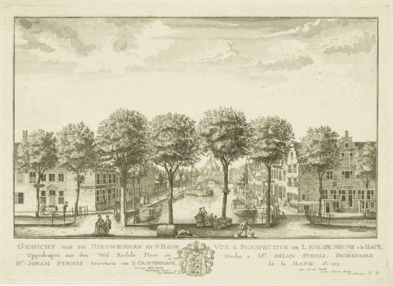 View of the Houtmarkt and Turfmarkt in The Hague, with the Nieuwe Kerk in the distance, View of the Nieuwe-Kerk in 's Hage, Vuë & perspective de l Eglise Neuve a La Haye, Eighteen views in and around The Hague (Besoet, Scheurleer), print, View of the Houtmarkt (left of the canal) and the Turfmarkt (right of the canal) in The Hague, with the Nieuwe Kerk on the Spui in the distance. Below the image, the title and dedication in Dutch and French, with the family coat of arms of The Hague secretary Johan Stenis in the center. Print from a series of eighteen views in and around The Hague., printmaker: attributed to Iven Besoet, The Hague, publisher: Hendrik Florisz Scheurleer, dedicated by: Hendrik Florisz Scheurleer, dedicated to: Johan Stenis, 1759, Iven Besoet, Hendrik Florisz Scheurleer, Johan Stenis, printmaker, publisher, Attributed to, paper, etching, engraving, height 306 mm x width 432 mm, Print is part of a series of eighteen views in and around The Hague that were published over t...