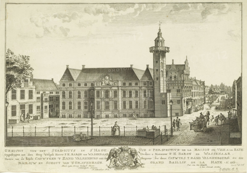 View of the Old Town Hall in The Hague, View of the town-house in s' Hage, View & perspective of the town hall in The Hague, Eighteen views in and around The Hague (Besoet, Scheurleer), print, View of the Old Town Hall on the Dagelijkse Groenmarkt in The Hague, seen from the Riviervismarkt. Below the image, the title and dedication in Dutch and French, with the family coat of arms of the Hague bailiff and sheriff Frederik Hendrik Baron van Wassenaer in the center. Print from a series of eighteen views in and around The Hague., printmaker: attributed to Iven Besoet, The Hague, publisher: Hendrik Florisz Scheurleer, dedicated by: Hendrik Florisz Scheurleer, dedicated to: Frederik Hendrik baron van Wassenaer, 1760, Iven Besoet, Hendrik Florisz Scheurleer, Frederik Hendrik baron van Wassenaer, printmaker, publisher, Attributed to, paper, etching, engraving, height 300 mm x width 425 mm, Print is part of a series of eighteen views in and around The Hague that were published over the period ...