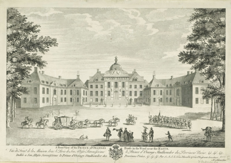 View of the front of Huis ten Bosch, A front view of the Prince of Orange's house in the wood near The Hague, Vuë de front de la maison dans le bois de Son Altesse Serenissime le prince d'Orange stadtholder des Provinces Unies, &c. &c &c., print, View of the front of Huis ten Bosch Palace. Below the image, the title in English and French and the dedication in French, with the coat of arms of Hereditary Stadtholder William V in the center., publisher: Hendrik Florisz Scheurleer, The Hague, dedicated to: William V (Prince of Orange), 1752 - 1768, printmaker, paper, etching, engraving, height 282 mm x width 401 mm, palace, Huis ten Bosch Palace, A wide engraving of a large symmetrical stone building with a central domed section and flanking wings framed by tall leafy trees, the facade showing rows of windows and decorative architectural details, a set of steps leading to a main entrance beneath sculptural ornamentation, groups of small figures in period dress scattered across the foregrou...