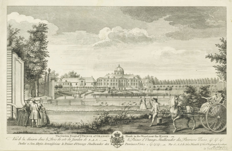 View of the back of Huis ten Bosch, The garden front of ye prince of Orange's house in the wood near The Hague, Vuë de la maison dans le bois du cote du jardin de SAS le prince d'Orange stadtholder des Provinces Unies, &c. &c. &c., print, View of the back and part of the gardens of Huis ten Bosch Palace. In the foreground the Bezuidenhoutseweg. Below the image, the title in English and French and the dedication in French, with the coat of arms of Hereditary Stadtholder William V in the center., publisher: Hendrik Florisz Scheurleer, The Hague, dedicated to: William V (Prince of Orange), 1752 - 1768, printmaker, paper, etching, engraving, height 260 mm x width 404 mm, palace, French or architectonic garden, formal garden, Huis ten Bosch Palace, A detailed monochrome engraving shows a formal garden and large classical house with a central dome and symmetrical wings set behind hedged and geometric flowerbeds, paths, and low fences; figures in period dress stand and walk around the grounds...