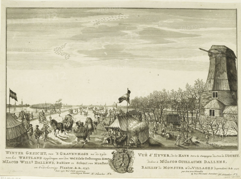 Winter view, from The Hague towards the Westland side, Vuë d'hyver, de La Haye vers la campagne du cote de l'ouest, Ice entertainment on a flooded piece of land in The Hague, Eighteen views in and around The Hague (Besoet, Scheurleer), print, Ice entertainment on a flooded piece of land in The Hague towards the Westland. On the right the Grut or Groat Mill. On the ice skaters and sleighs, in the middle a hot drink stall. On the left in the background the outlines of Delft, in the middle churches of several villages in the Westland. Below the image the title and dedication in Dutch and French, with in the middle the family coat of arms of Jacob Willem Dallens, bailiff and sheriff of Monster. Print from a series of eighteen views in and around The Hague., printmaker: attributed to Iven Besoet, The Hague, publisher: Hendrik Florisz Scheurleer, dedicated to: Jacob Willem Dallens, Monster (South Holland), 1757, Attributed to, paper, etching, engraving, height 308 mm x width 425 mm, Print is...