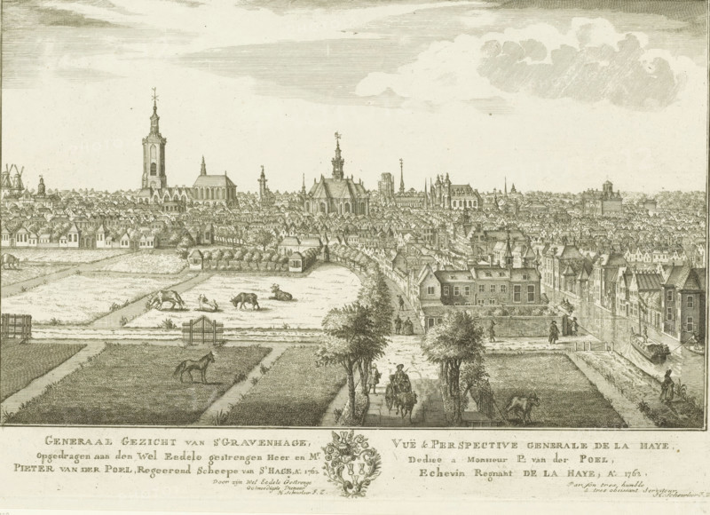View of The Hague, General view of The Hague, Vuë & perspective generale de La Haye, Eighteen views in and around The Hague (Besoet, Scheurleer), print, seen from the south. On the right, the canal towards Delft. Below the image, the title and dedication in Dutch and French, with the family coat of arms of The Hague alderman Pieter van de Poel in the center. Print from a series of eighteen views in and around The Hague., printmaker: attributed to Iven Besoet, The Hague, publisher: Hendrik Florisz Scheurleer, dedicated to: Poel. Pieter van de, 1762, Attributed to, paper, etching, engraving, height 298 mm x width 422 mm, Print is part of a series of eighteen views in and around The Hague that were published over the period 1755-1762., armorial bearing, heraldry, prospect of village, silhouette of village, prospect of city, town panorama, silhouette of city, church (exterior), A wide bird’s-eye view of a cityscape rendered in fine monochrome lines, with a foreground of cultivated plots, p...