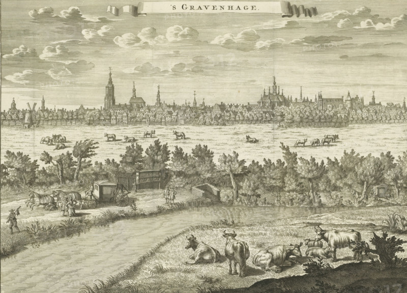 The Hague, View of The Hague, print, book illustration, seen from the south. Marked upper right: Fol. 1., publisher: Jan Claesz ten Hoorn (possibly), Amsterdam, publisher: Johannes Ratelband (I) (possibly), 1711 - 1729, printmaker, paper, etching, height 298 mm x width 405 mm, Print also used in: Cretser, Gijsbert de. Beschryvinge van 's Gravenhage, behelsende desselfs eerste opkomste, stichtinge en vermakelykesituatie (…) Waar achter bygevoegt is de Zeestraat op Scheveninge door de heer van Zuylichem. 1st edition. Amsterdam: Jan ten Hoorn, 1711, before p. 1. And in: Cretser, Gijsbert de. Description of The Hague, containing its first rise, foundation and pleasant situation (…) Attached to which is the Zeestraat on Scheveninge, by Mr. van Zuylichem. 2nd edition. Amsterdam: Johannes Ratelband, 1729., prospect of village, silhouette of village, prospect of city, town panorama, silhouette of city, A wide engraved landscape shows a distant town skyline with many spires and rooflines above ...
