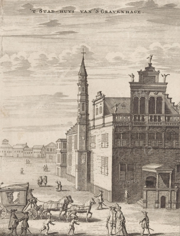 The Town Hall of The Hague, View of the Old Town Hall in The Hague, print, book illustration, surrounded by various figures and a carriage., publisher: Jan Claesz ten Hoorn (possibly), Amsterdam, publisher: Johannes Ratelband (I) (possibly), 1711 - 1729, printmaker, paper, etching, engraving, height 173 mm x width 132 mm, Print also used in: Cretser, Gijsbert de. Description of The Hague, comprising its first rise, foundation, and pleasant situation (…) Attached is the Zeestraat on Scheveninge by Mr. van Zuylichem. 1st edition. Amsterdam: Jan ten Hoorn, 1711, and pleasant situation (…) Attached is the Zeestraat on Scheveninge, 1729., town hall, street (city(-scape) with figures, staffage), The Hague, Old Town Hall (The Hague), A detailed ink engraving shows a riverside city scene with classical buildings and a tall church tower topped by a cross, adjacent to a large ornate façade with statues on its roofline and arched windows, a balustraded terrace, and a projecting entrance; the fore...