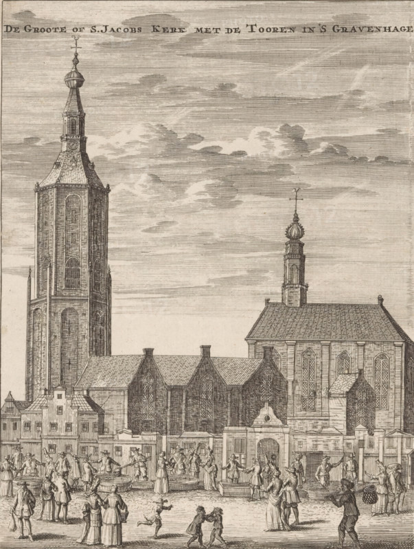 View of the Great Church in The Hague, The Great or St. James Church with the tower in The Hague, print, book illustration, View of the Great Church, also called St. James' Church, in The Hague. Seen from the side of the River Fish Market. In front of the church various fish sellers and other figures., publisher: Jan Claesz ten Hoorn (possibly), Amsterdam, publisher: Johannes Ratelband (I) (possibly), 1711 - 1729, Jan Claesz ten Hoorn, Johannes Ratelband (I), printmaker, paper, etching, engraving, height 175 mm x width 133 mm, Print also used in: Cretser, Gijsbert de. Description of The Hague, comprising its first rise, establishment and pleasant situation (…) To which is added the Zeestraat on Scheveninge by Mr. van Zuylichem. 1st edition. Amsterdam: Jan ten Hoorn, 1711, between pp. 26 and 27. And in: Cretser, establishment and pleasant situation (…) To which is added the Zeestraat on Scheveninge, by Mr. van Zuylichem. 2nd edition. Amsterdam: Johannes Ratelband, 1729., church (exterio...