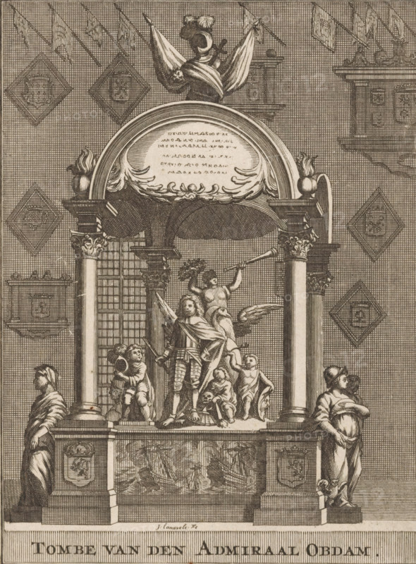 Monumental tomb for Admiral Jacob Baron van Wassenaer van Obdam, Tomb of Admiral Obdam, print, book illustration, Monumental tomb for Admiral Jacob Baron van Wassenaer van Obdam in the Grote or St. Jacob's Church in The Hague. The admiral lost his life in the explosion of his flagship the Eendracht during the Battle of Lowestoft on June 13, 1665. Marked in the upper right: Fol. 27., printmaker: Jan Lamsvelt, Amsterdam, publisher: Jan Claesz ten Hoorn (possibly), publisher: Johannes Ratelband (I) (possibly), 1711 - 1729, Jan Claesz ten Hoorn, Jan Lamsvelt, Johannes Ratelband (I), printmaker, paper, etching, engraving, height 191 mm x width 142 mm, Print also used in: Cretser, Gijsbert de. Beschryvinge van 's Gravenhage, behelsende desselfs eerste opkomste, stichtinge en vermakelykesituatie (…) Waar achter bygevoegt is de Zeestraat op Scheveninge door de heer van Zuylichem. 1st edition. Amsterdam: Jan ten Hoorn, 1711, between p. 26 and 27. And in: Cretser, Gijsbert de. Description of The...