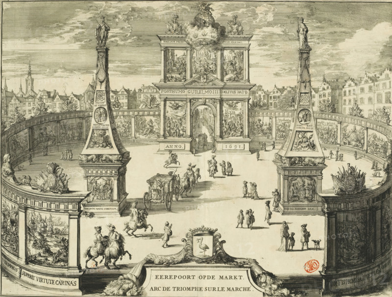 Gate of Honour on the Market, 1691, Arc de triomphe sur le marché, print, book illustration, View of the gate of honour on the Market, erected for the entry of Stadtholder-King William III into The Hague, February 5, 1691. In front of the gate are two obelisks and two semicircular wings, all decorated with historical and mythological representations with inscriptions in Latin., printmaker: Romeyn de Hooghe, Northern Netherlands, paper, etching, height 334 mm x width 442 mm, Print also used in: Bidloo, Govard. Komste van zyne majesteit Willem III. Koning van Groot Britanje, enz. in Holland, ofte omstandelyke beschryving van alles, (…) vercierd met kopere platen. The Hague: Arnoud Leers, 1691., Person, William III (Prince of Orange and King of England, Scotland, and Ireland), coat of arms (as symbol of the state, etc.) (city, municipal), triumphal entry and public reception, pageant, 'entrée solennelle', 'joyeuse entrée', Entry of William III to The Hague (1691), The Hague, Grote Markt (...