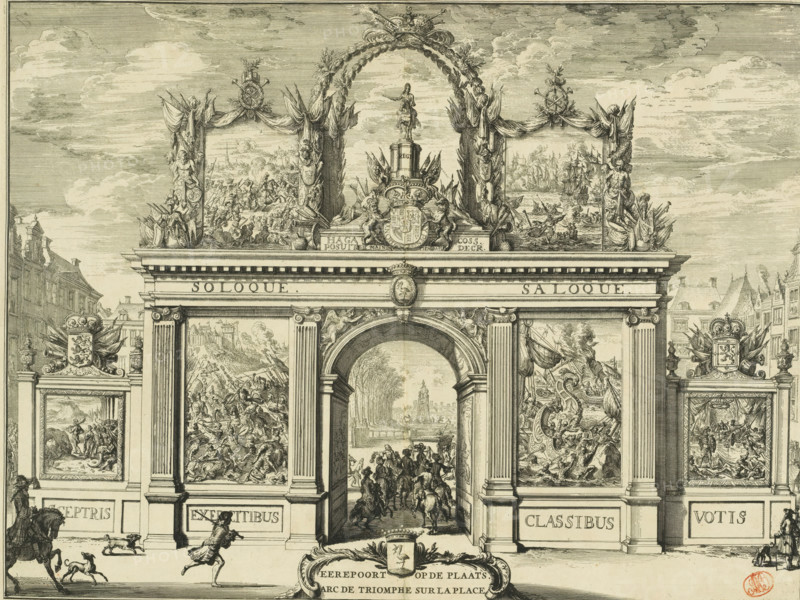 Eerepoort op de Plaats, Arc de triomphe sur la Place, Triomfoog op de Plaats, 1691, print, book illustration, The triumphal arch on the Plaats, erected by the city council for the entry of Stadtholder-King William III into The Hague, February 5, 1691. The arch is decorated with historical scenes. On top, an equestrian statue of William III., printmaker: Romeyn de Hooghe, Northern Netherlands, paper, etching, height 332 mm x width 444 mm, Print also used in: Bidloo, Govard. Komste van zyne majesteit Willem III. Koning van Groot Britanje, enz. in Holland, ofte omstandelyke beschryving van alles, (…) vercierd met kopere platenen. The Hague: Arnoud Leers, 1691., Person, William III (Prince of Orange and King of England, Scotland, and Ireland), coat of arms (as symbol of the state, etc.) (city, municipal), etc.) (province, provincial), triumphal entry and public reception, pageant, 'entrée solennelle', 'joyeuse entrée', Entry of William III into The Hague (1691), The Hague, Place, Period, 1...