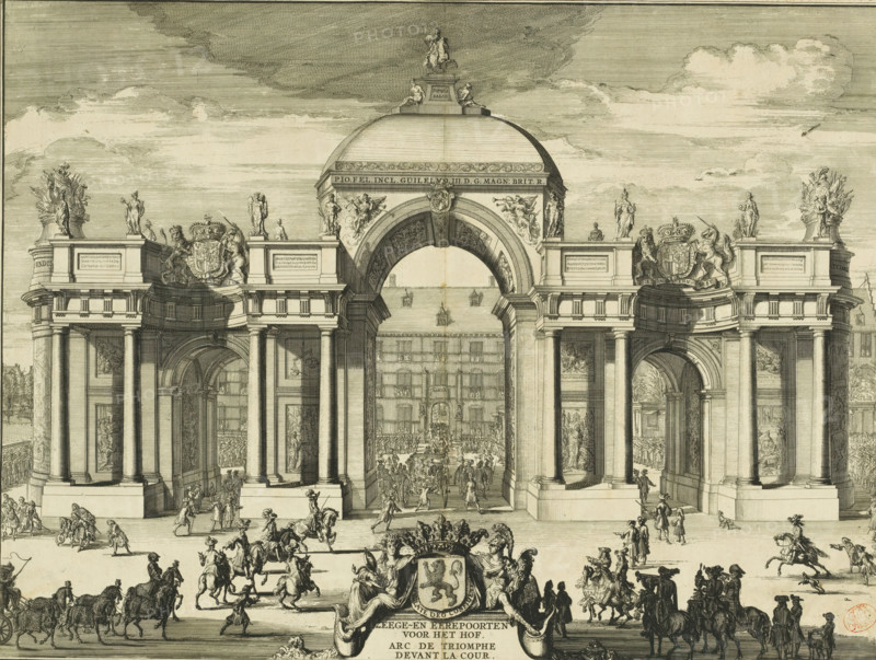 Triumphal and triumphal arches before the court, Arc de triomphe devant la cour, The triumphal arch at the Buitenhof, 1691, print, book illustration, View of the triumphal arch erected at the Buitenhof, February 5, 1691. The procession of carriages has passed through the gate., printmaker: Romeyn de Hooghe, Northern Netherlands, paper, etching, height 333 mm x width 443 mm, Print also used in: Bidloo, Govard. Arrival of His Majesty William III. King of Great Britain, etc. in Holland, or detailed description of everything, (…) decorated with copper plates. The Hague: Arnoud Leers, 1691., Person, William III (Prince of Orange and King of England, Scotland, and Ireland), coat of arms (as symbol of the state, etc.) (nation, national), etc.) (province, provincial), triumphal entry and public reception, pageant, 'entrée solennelle', 'joyeuse entrée', Entry of William III into The Hague (1691), The Hague, Buitenhof, Period, 1691-02-05, A wide engraved archway with classical columns and sculpt...
