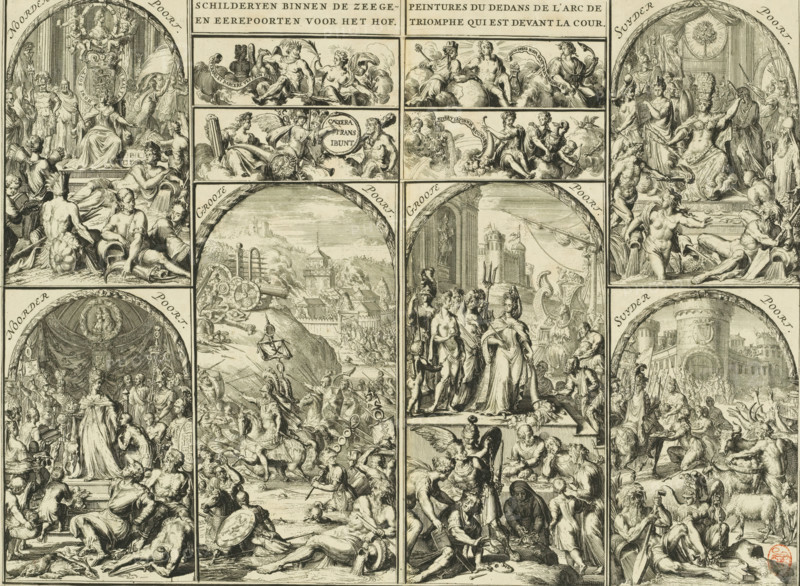 Paintings within the gates of victory and honor in front of the Court, Paintings inside the triumphal arch that is in front of the court, Paintings on the triumphal arches in front of the Buitenhof, 1691, print, book illustration, Overview of six large and four small paintings on the triumphal arches displayed in front of the Buitenhof, February 5, 1691. Primarily allegorical representations of the victories of Stadtholder-King William III and the virtue of Queen Mary Stuart., printmaker: Romeyn de Hooghe, Northern Netherlands, paper, etching, height 333 mm x width 445 mm, Print also used in: Bidloo, Govard. Arrival of His Majesty William III. King of Great Britain, etc. in Holland, or a detailed description of everything, (...) decorated with copper plates. The Hague: Arnoud Leers, 1691., Person, William III (Prince of Orange and King of England, Scotland, and Ireland), Maria II Stuart (Queen of England, Scotland and Ireland), coat of arms (as symbol of the state, etc.) (nation, natio...