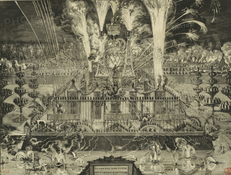 Fireworks in the Hofvijver, 1691, Fireworks in the pond, Feu d'artifice au vyver, print, book illustration, on the occasion of the entry of Stadtholder-King William III into The Hague, February 5, 1691. Evening scene with a view of all the scaffolding, on the fence: Triumphet Semper Augustus. In the background the spectators., printmaker: Romeyn de Hooghe, Northern Netherlands, Romeyn de Hooghe, printmaker, paper, etching, height 333 mm x width 444 mm, Print also used in: Bidloo, Govard. Komste van zyne majesteit Willem III. King of Great Britain, etc. in Holland, or a detailed description of everything, (...) decorated with copper plates. The Hague: Arnoud Leers, 1691., Person, William III (Prince of Orange and King of England, Scotland, and Ireland), bonfire, fire-works, triumphal entry and public reception, pageant, 'entrée solennelle', 'joyeuse entrée' (illumination, festive activities), Entry of William III to The Hague (1691), The Hague, Hofvijver, Period, 1691-02-05, A densely d...