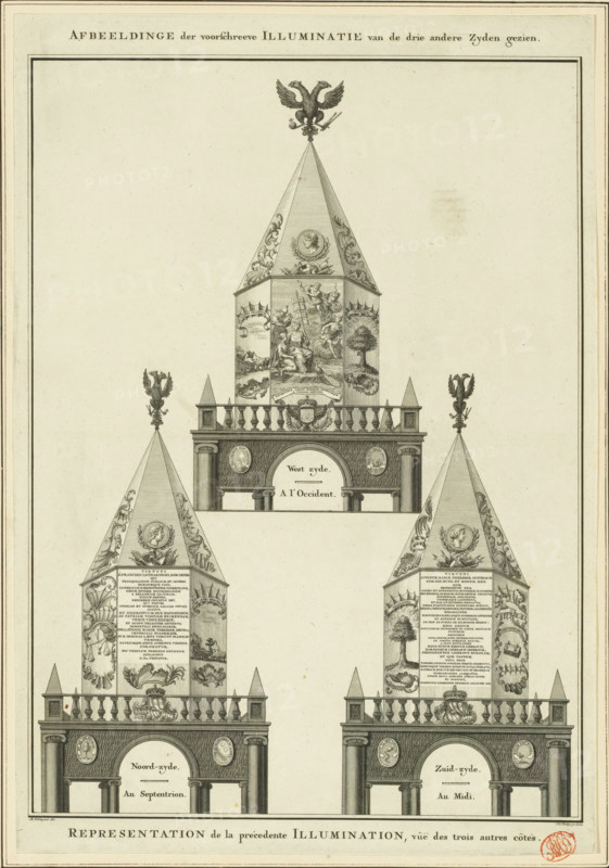 Details of the decorations on the structure for the fireworks on the Hofvijver in honor of the coronation of Emperor Francis I Stephen, 1746, Image of the prescribed illumination seen from the three other sides, Representation of the previous illumination, viewed from the three sides, Description of the principal joys, made in The Hague, on the occasion of the coronation of, Francis I, Description of the principal joys in The Hague on the occasion of the crowning of his imperial majesty Francis I, print, The details of the decorations on the structure (temple or structure), seen from three sides, for the fireworks set off on January 19, 1746 on the Hofvijver in The Hague by order of the German minister and envoy Baron van Reischach, on the occasion of the coronation of Francis I Stephen as Emperor on 4-6 October 1745., printmaker: Jan Caspar Philips, Northern Netherlands, after design by Franciscus Schluymer, 1746 - 1747, paper, etching, engraving, height 396 mm x width 274 mm, Person,...