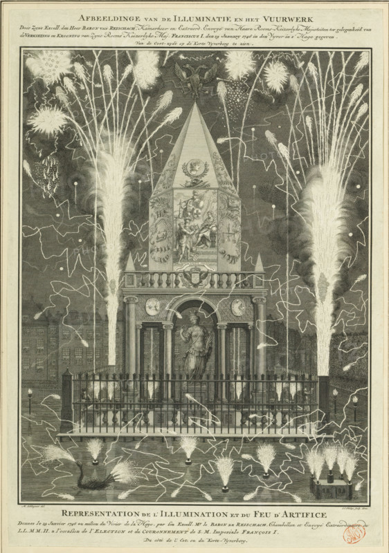 Image of the illumination and the fireworks given by His Excellency Baron van Reischach, on the occasion of the election and crowning of His Roman Imperial Majesty Francis I, on 19 January 1746, in the Vyver in The Hague, Representation de l'illumination et du feu d'artifice donnes le 19 janvier 1746 au milieu du Vivier de La Haye, par son excell. mr. le baron de Reischach, a l'occasion de l'election et du couronnement de SM Imperiale François I, Fireworks on the Hofvijver in honor of the coronation of Emperor Francis I Stefan, 1746, Description of the principales rejouissances, faites à la Haye, a l'occasion du couronnnement de, François I, Description of the most important rejoicings in The Hague on the occasion of the coronation of His Imperial Majesty Francis I, print, Fireworks set off on January 19, 1746 on the Hofvijver in The Hague on behalf of the German minister and envoy Baron van Reischach on the occasion of the coronation of Francis I Stefan as emperor on October 4-6, 1745...