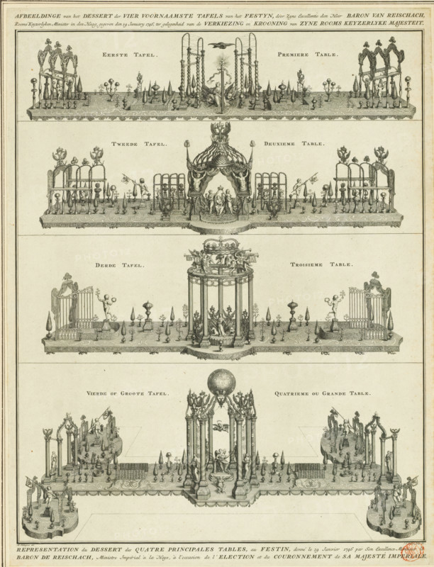 Dessert on four tables at the banquet in honor of the coronation of Emperor Francis I Stephen, 1746, Image of the dessert of the four principal tables of the feast, given by His Excellency Baron van Reischach on January 19, on the occasion of the election and crowning of His Roman Imperial Majesty, Representation of the dessert of the four principal tables, at the feast, given on January 19, 1746 by His Excellency Baron de Reischach, on the occasion of the election and crowning of His Imperial Majesty, Description of the principal joys, made in The Hague, on the occasion of the coronation of, Francis I, Description of principal revelries in The Hague on the occasion of the coronation of His Imperial Majesty Francis I, print, The dessert as presented on the four principal tables during the banquet given by the German minister and envoy Baron von Reischach in the Mauritshuis on 19 January 1746 on the occasion of the coronation of Francis I Stephen as Emperor on 4-6 October 1745. Table ce...
