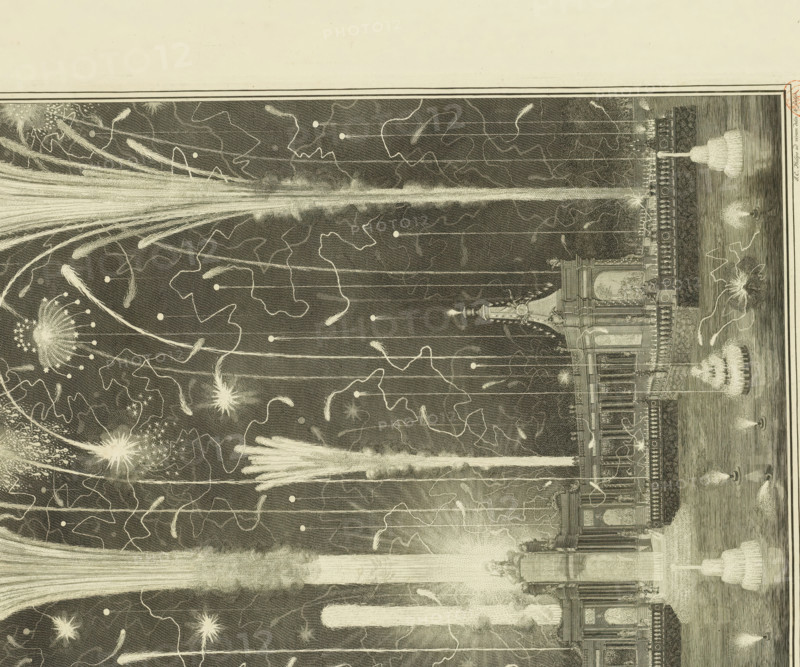 Fireworks in The Hague for the Peace of Aix-la-Chapelle, 1749, Image of the fireworks, set off in The Hague, on June 13, on the occasion of the Peace of Aix-la-Chapelle, Representation of the artifice, set off in The Hague on June 13, print, The fireworks at the large theater in the Hofvijver in The Hague, set off on June 13, 1749 in honor of the Peace of Aix-la-Chapelle concluded on October 18, 1748. Accompanying the depiction of the fireworks are a map of the theater and a text sheet with explanation., printmaker: Jan Caspar Philips, Northern Netherlands, The Hague, after design by Leonard Stephan baron von Creutznach, publisher: Groot & Zoonen, Anthoni de, dedicated by: Groot en Zoonen, dedicated to: States General, dedicated to: Willem IV (Prince of Orange-Nassau), dedicated to: Council of State, paper, etching, engraving, etching and engraving, height 380 mm x width 443 mm, A detailed engraved scene showing ornate classical architecture along a waterfront with balustrades, columns...
